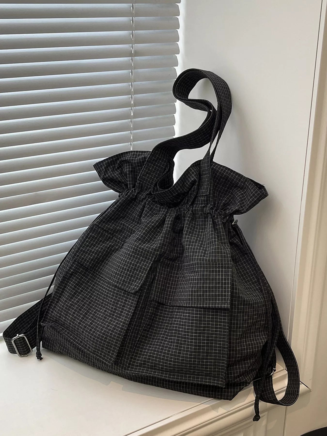Convertible Plaid Drawstring Backpack Bag