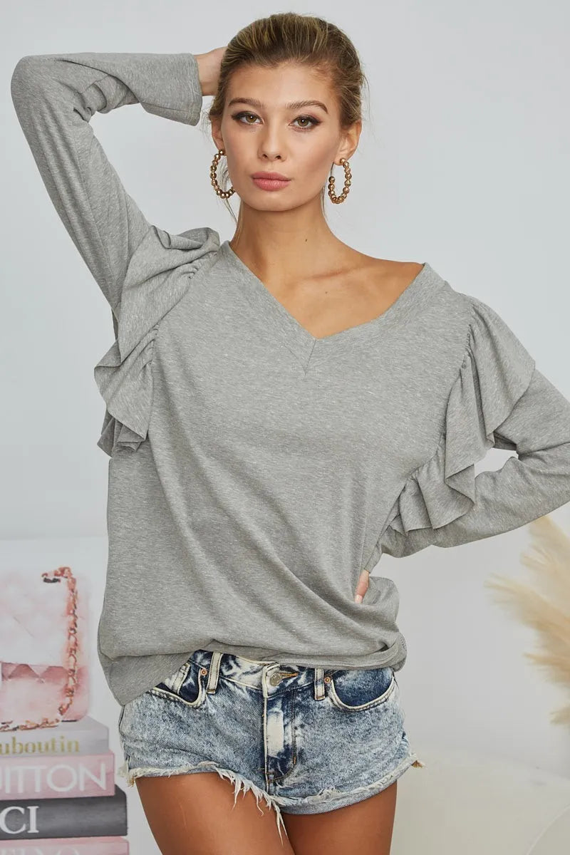 BiBi Triblend V Neck Top with Shoulder Shrring Detail