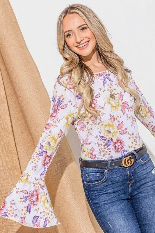 And The Why Floral Printed Bell Sleeve Casual Top