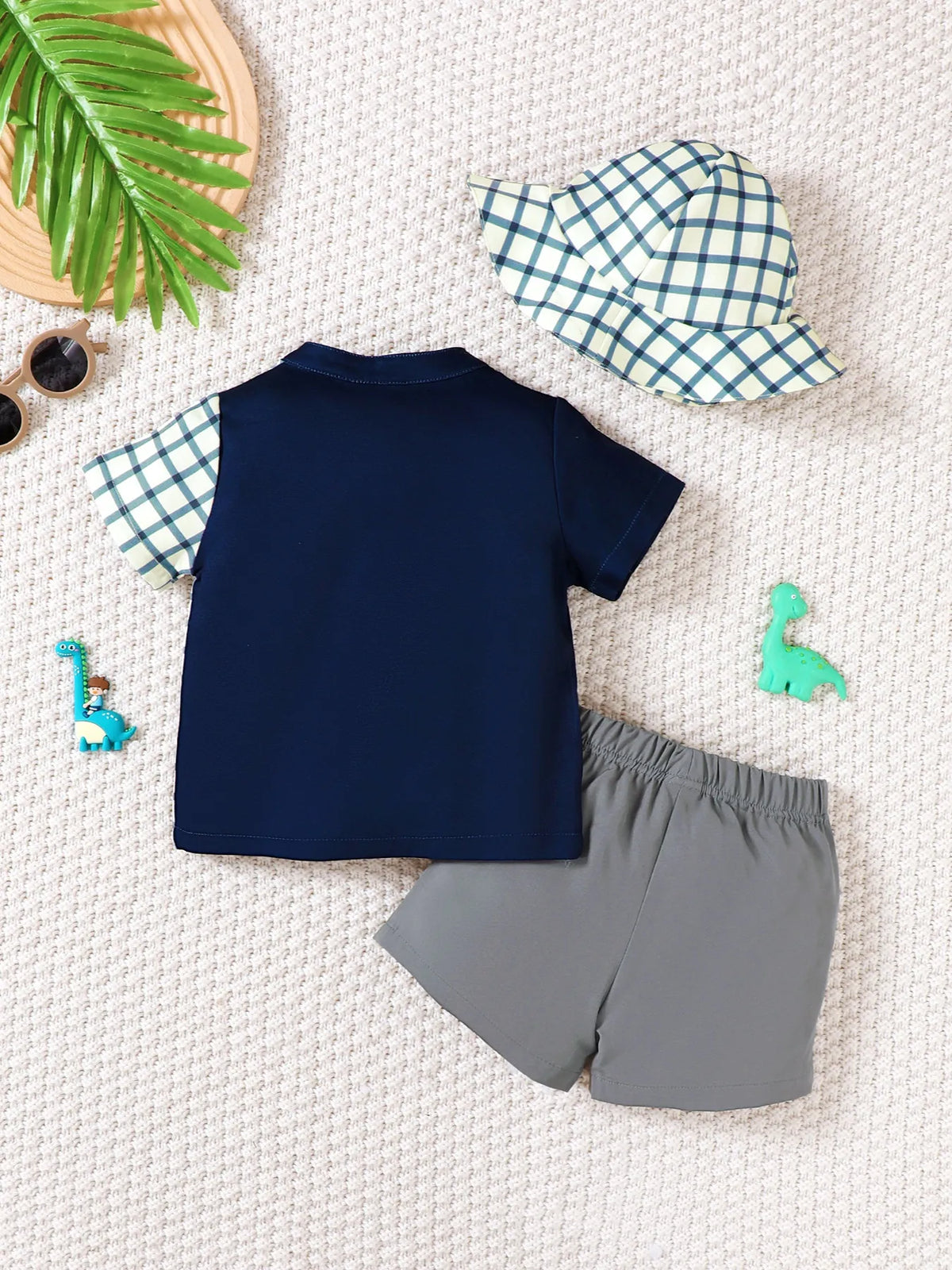 Children'S Hat Dinosaur Plaid Button Up Top And Shorts 3-Piece