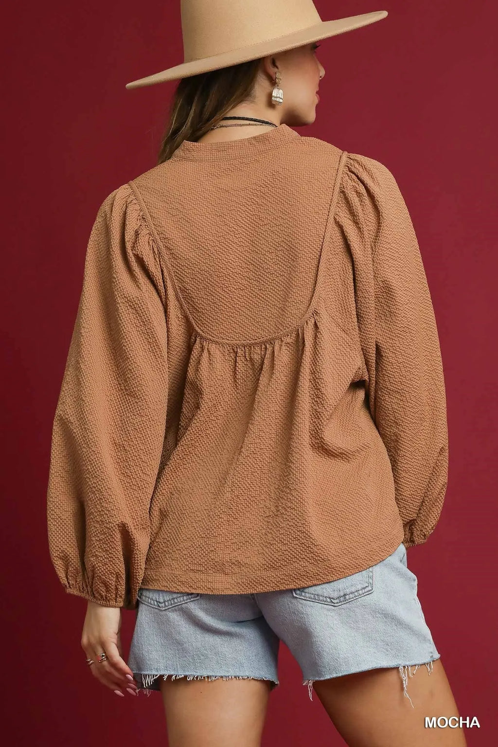 Umgee Textured Notched Blouse with Balloon Sleeves