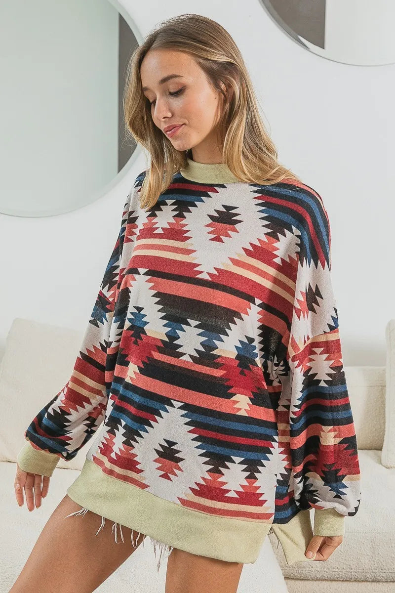 BiBi Aztec Print Mirr Mock Neck Lslv Top