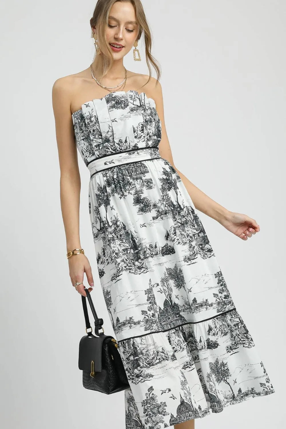 Umgee Printed Tiered Tube Midi Dress