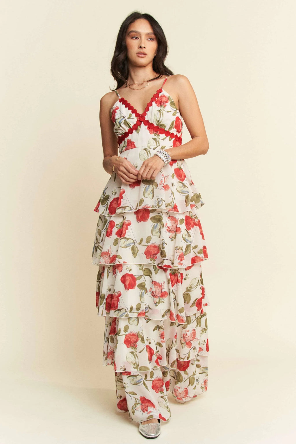 Davi & Dani Contrast Ring Lace Layered Ruffle Maxi Cami Dress