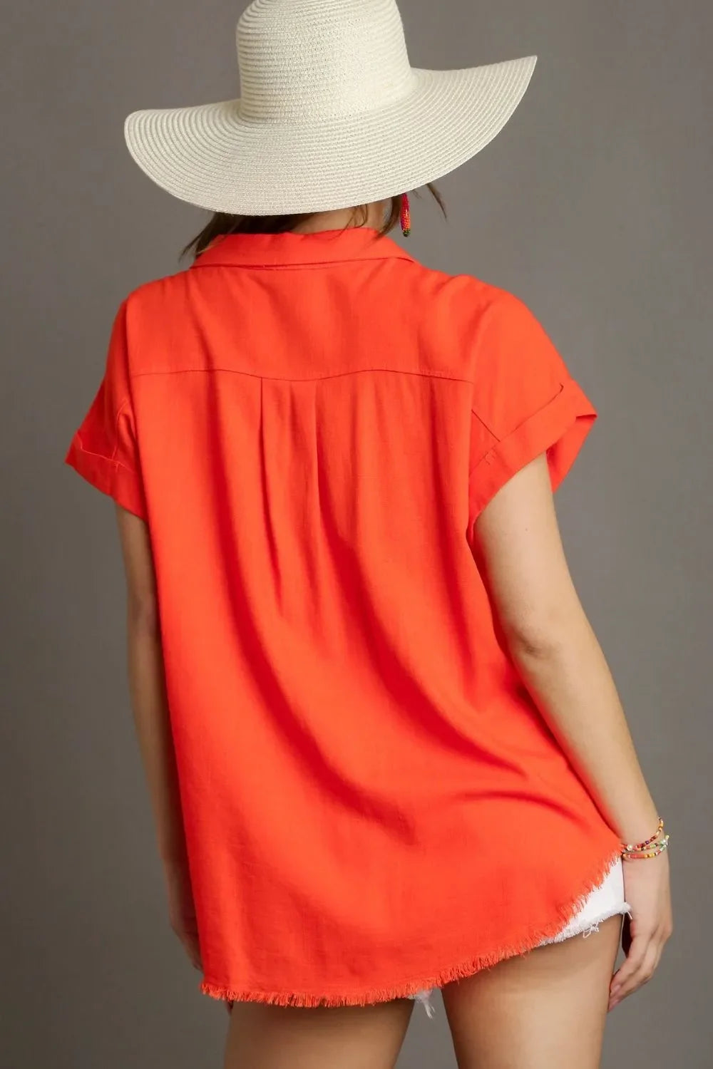 Umgee Full Size Linen Blend Button Down Short Folded Sleeve