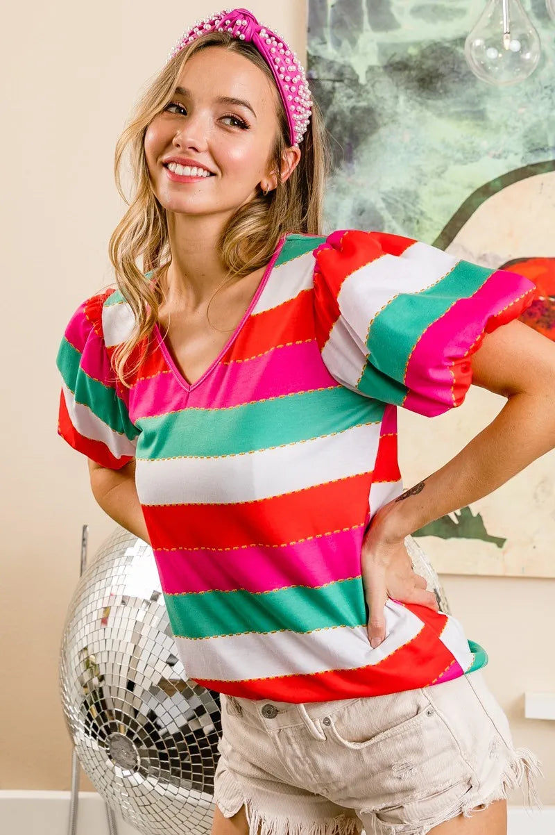 BiBi Multi Stripe Color Print Puff Sleeves V Neck Top