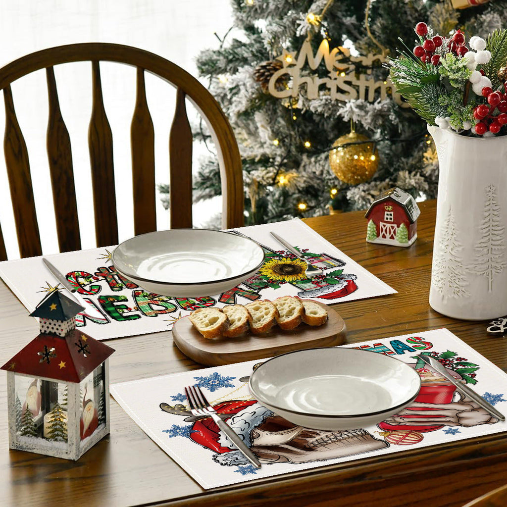 Skull Milk Tea Cup Printed Meal Mat Christmas Snowflake Letter Linen Table Mat Holiday Table Decoration Insulation Mat