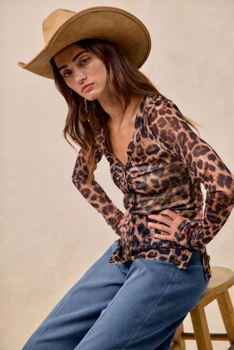 BiBi Leopard Printed Mesh Shirt With Button Up V Neck