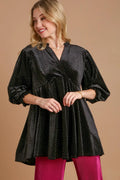 Umgee Full Size Beaded Frill Flounce Sleeve Velvet Babydoll