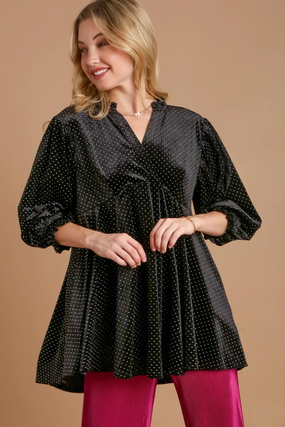 Umgee Full Size Beaded Frill Flounce Sleeve Velvet Babydoll