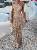 Sequin One-Shoulder Slit Maxi Dress