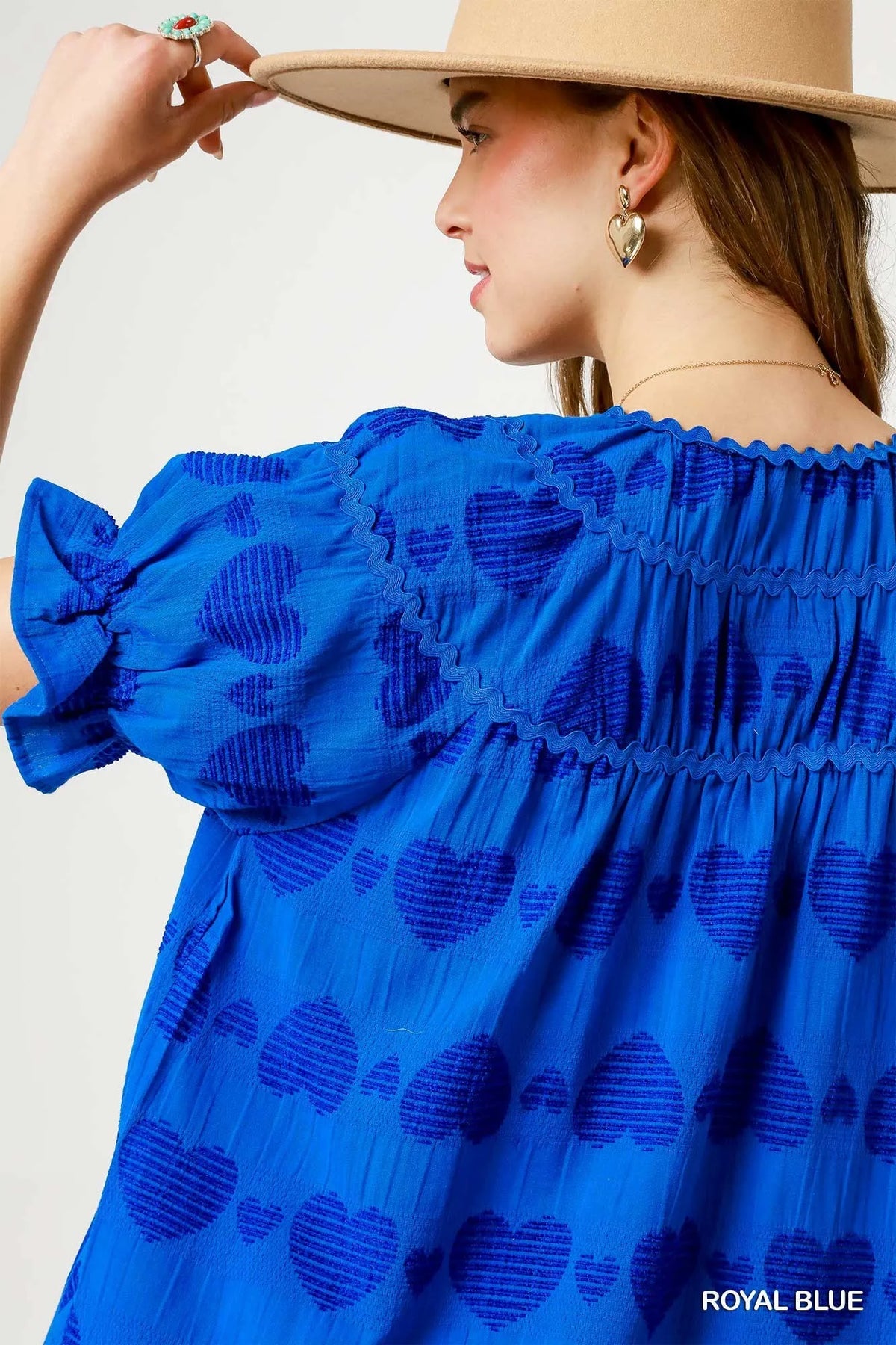 Umgee Heart Pattern Short Sleeve Ruffle Babydoll Dress