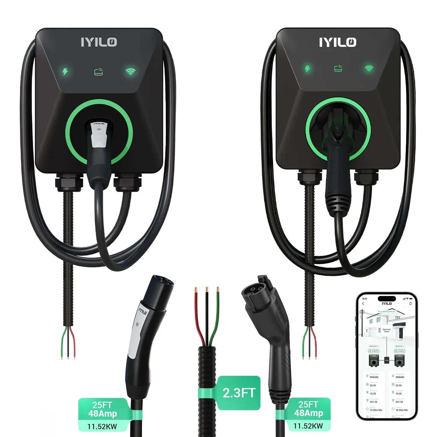 IYILO Dual Level 2 EV Charger Bundle – NACS(J3400) + J1772 With Power Sharing – 48A Hardwired