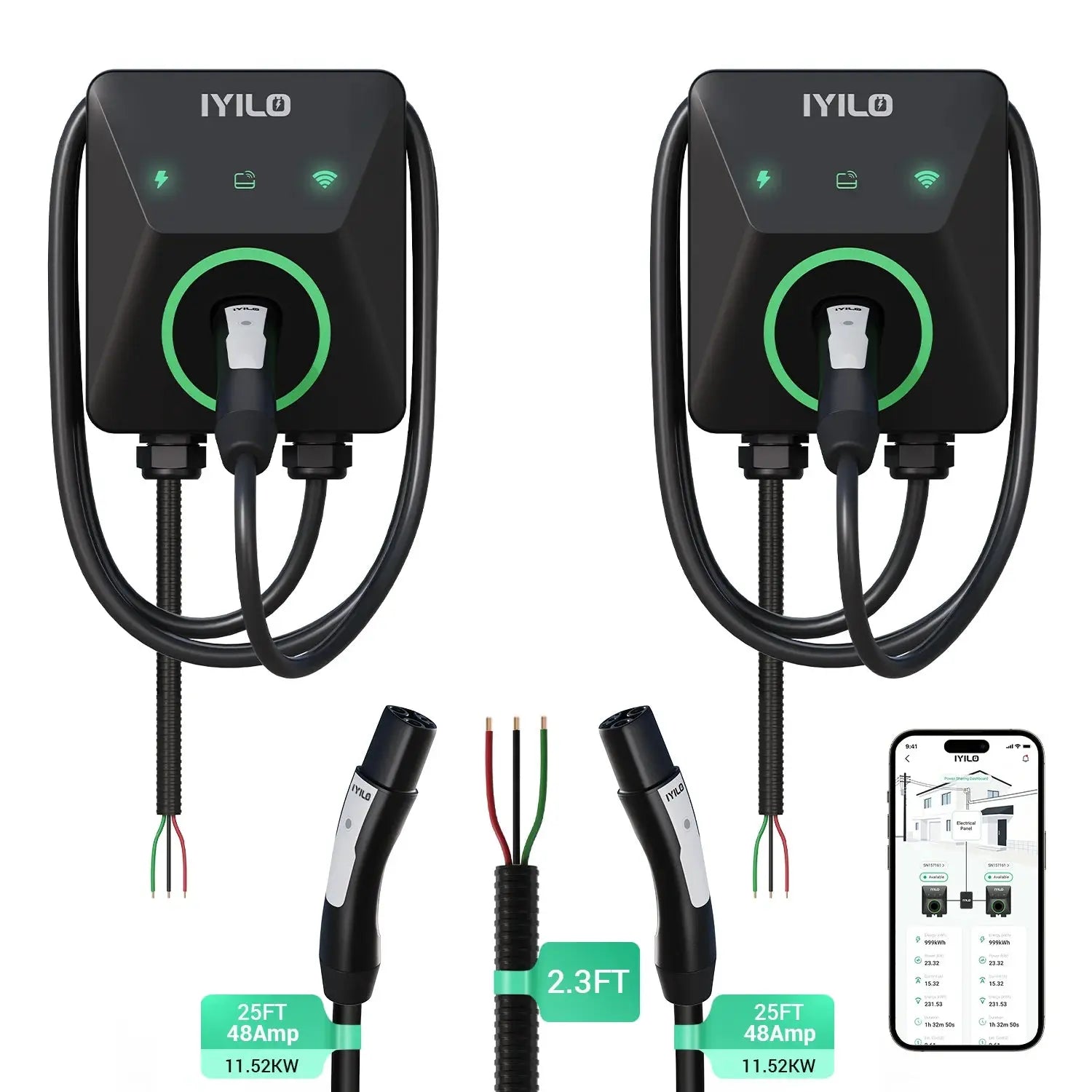 IYILO Dual Level 2 EV Charger Bundle – NACS(J3400) + NACS(J3400) With Power Sharing – 48A Hardwired