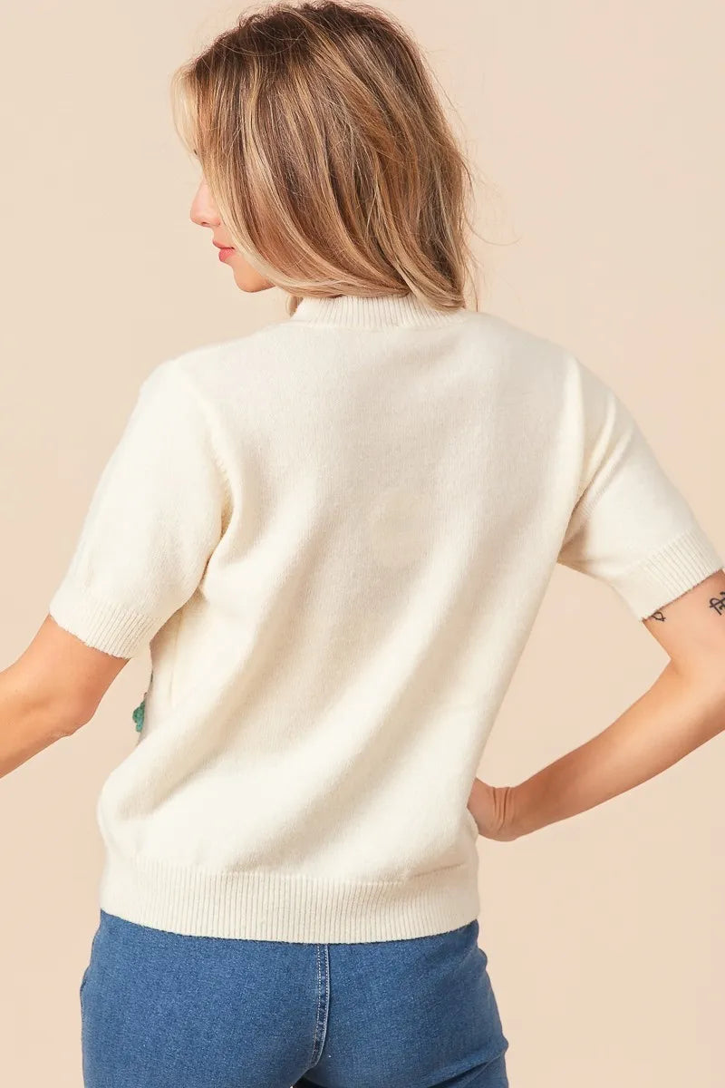 BiBi Crochet Flower Patch Sweater Top