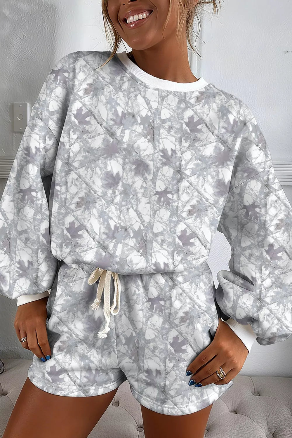 Abstract Woodland Camo Print Baggy Pullover Drawstring Shorts Set