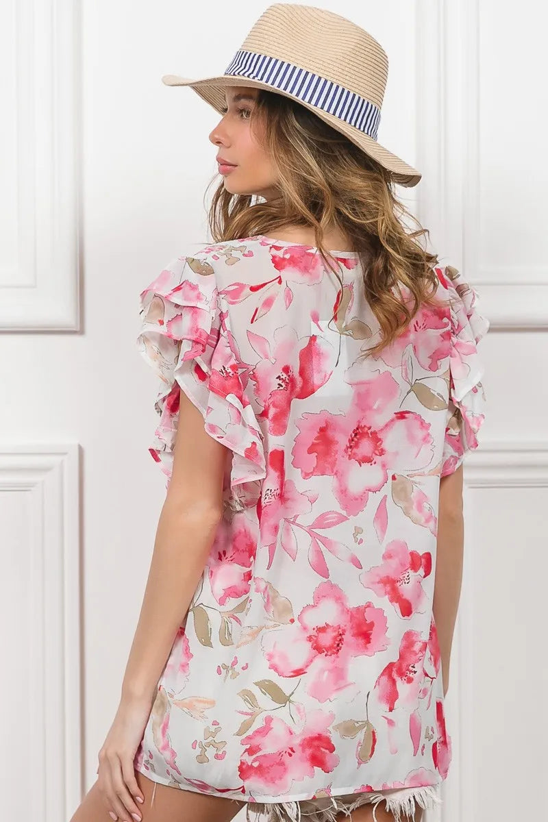 BiBi Floral Print Flutter Sheer Top