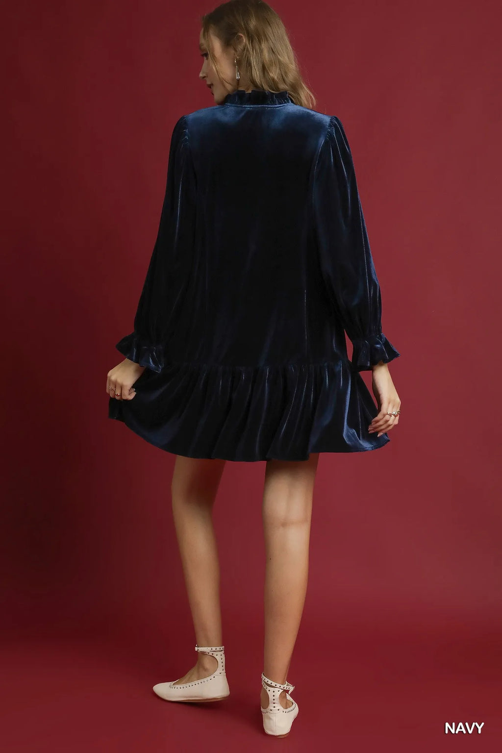 Umgee Velvet Ruffle Trim Mini Dress