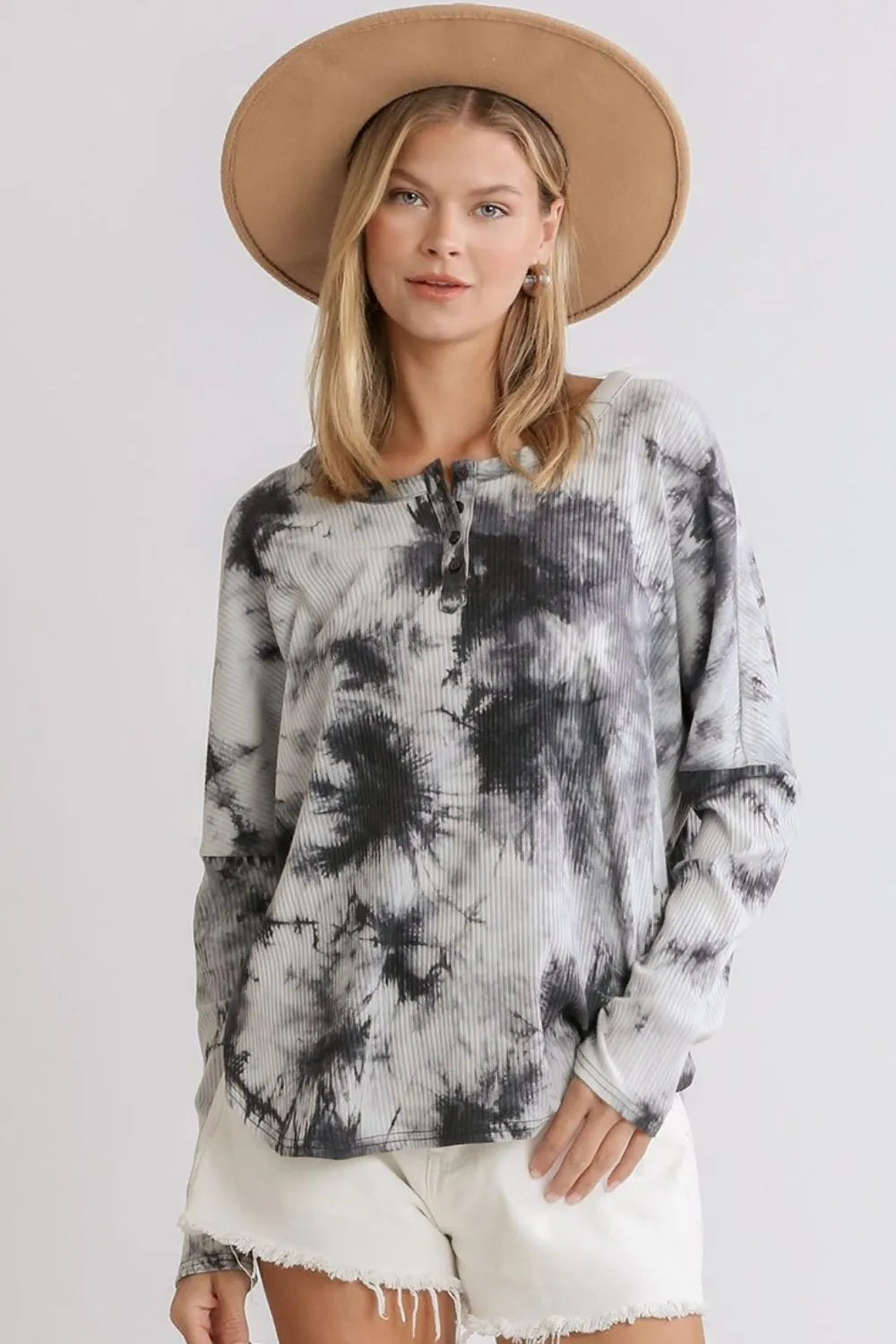 Umgee Full Size Tie Dye Round Neck Ribbed Button Front Top Plus