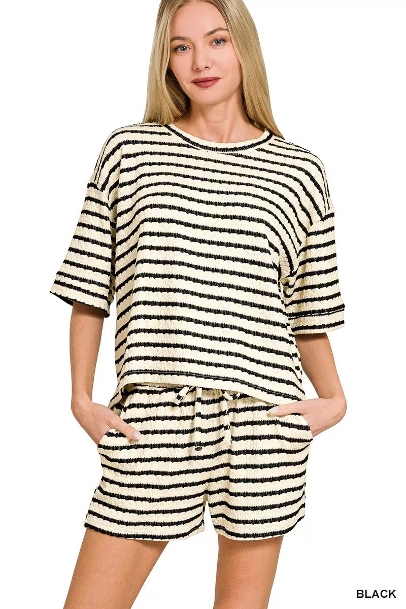Zenana Striped Short Sleeve Tee & Shorts Set