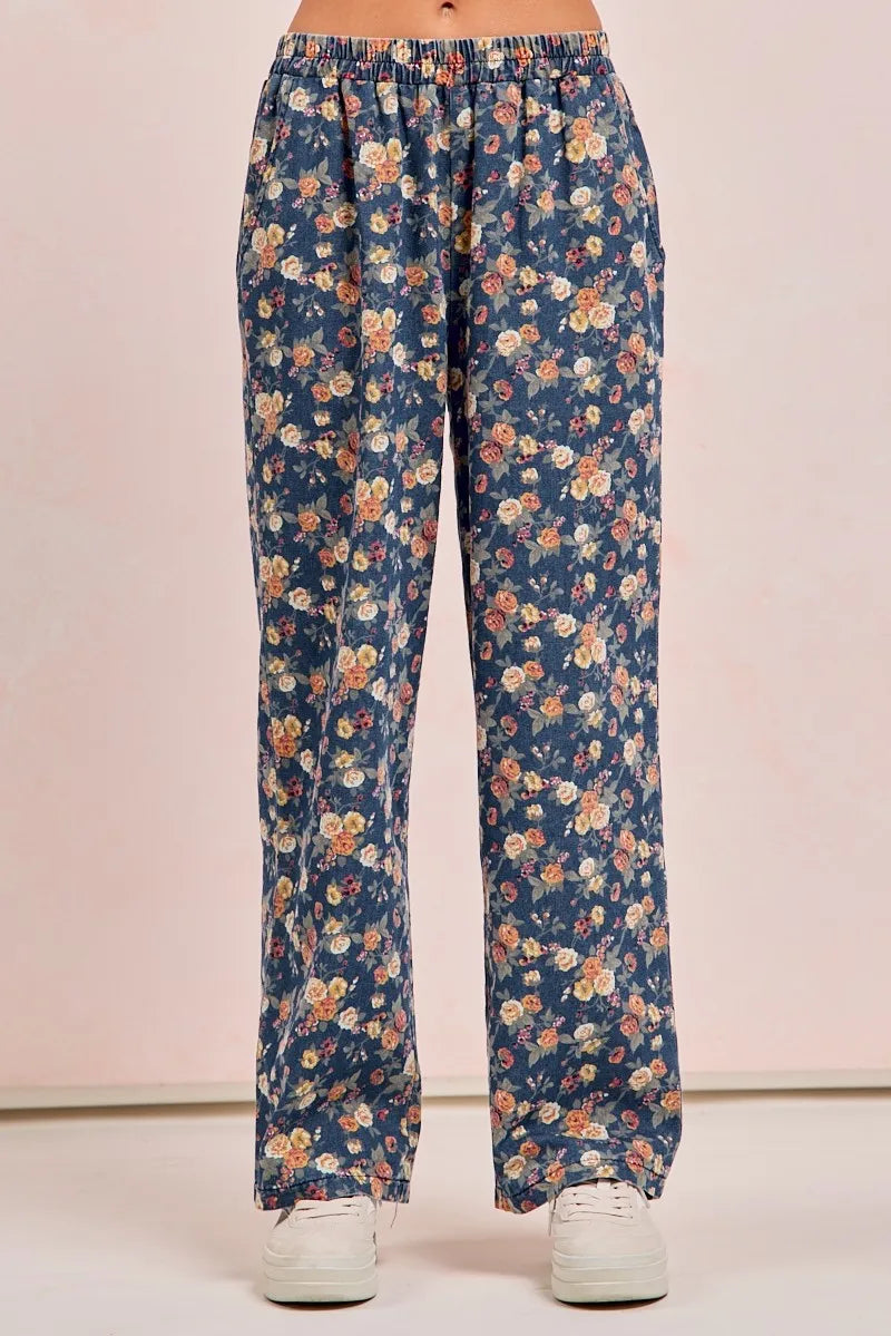 BiBi Washed Floral Print Wide Leg Jeans