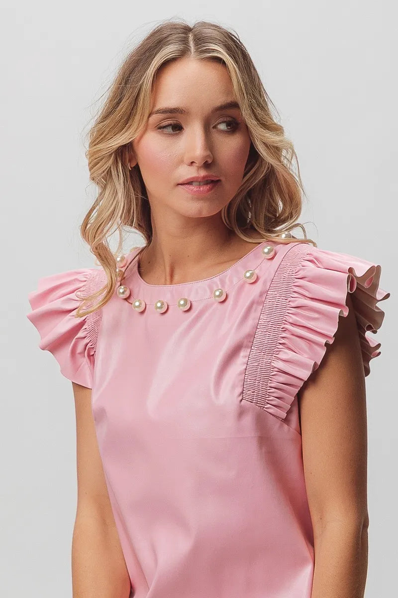 BiBi Leather Smocked Ruffled Top