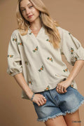 Umgee Corduroy Floral Embroidered Puff Sleeve Blouse