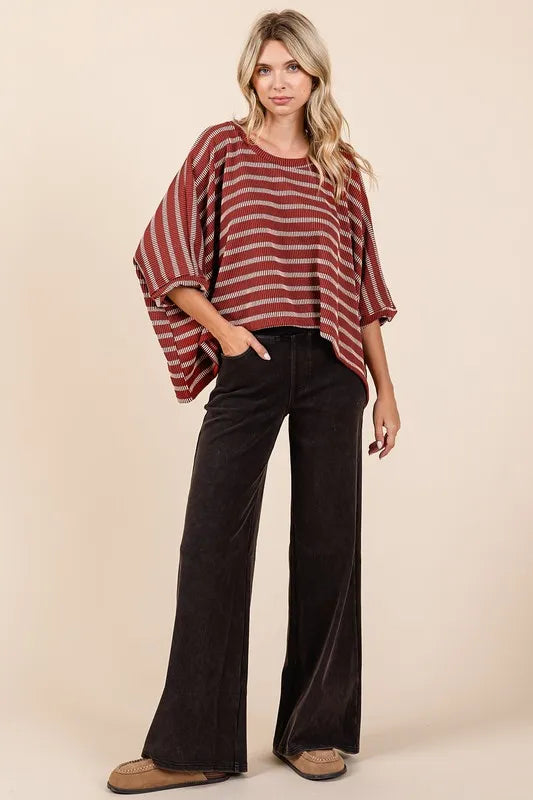 Mittoshop Texture Striped Print Round Neck Dolman Sleeve Top