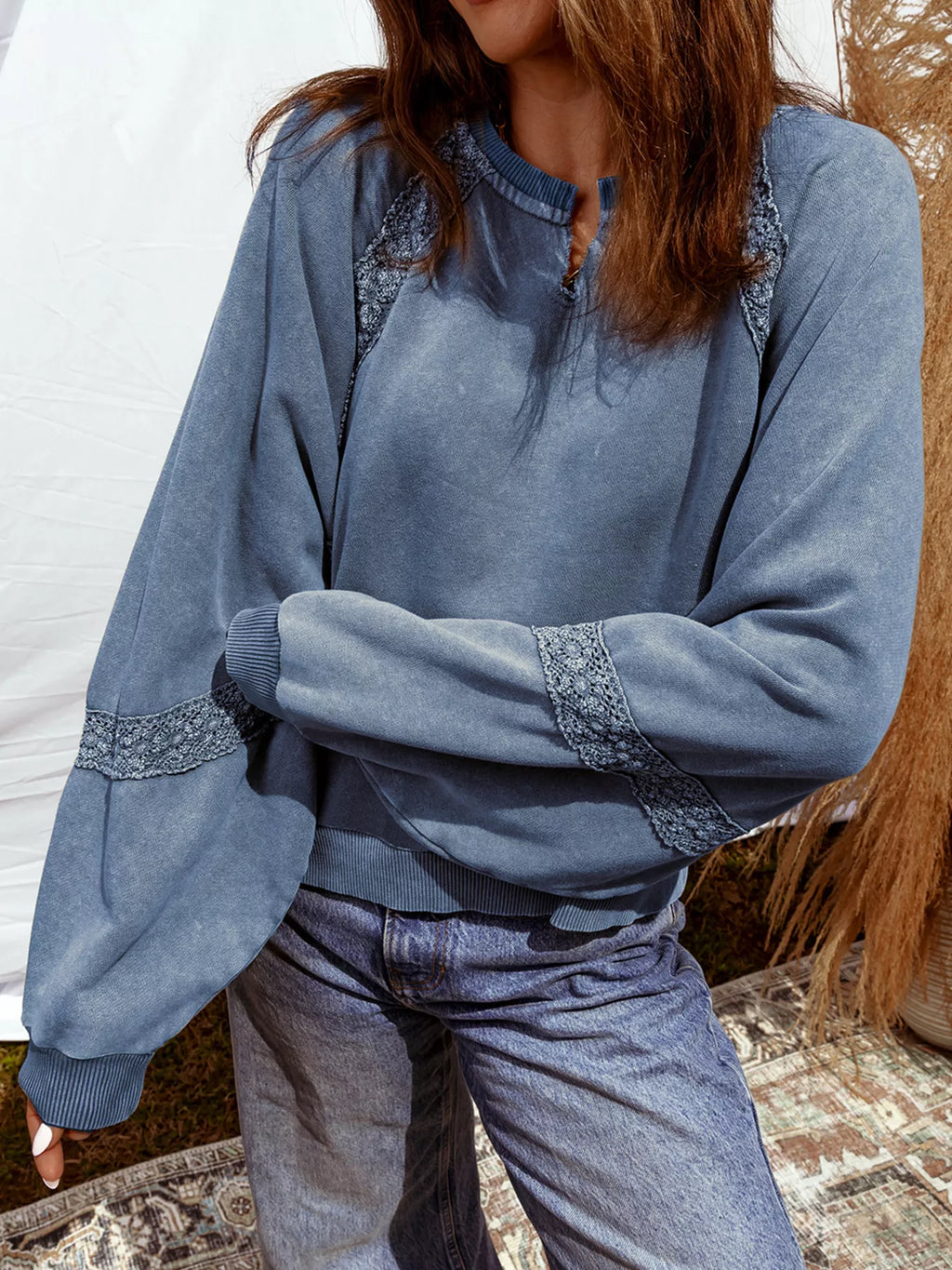 Lace Patchwork Detail Notched Neck Mineral Wash Baggy Sweatshirt