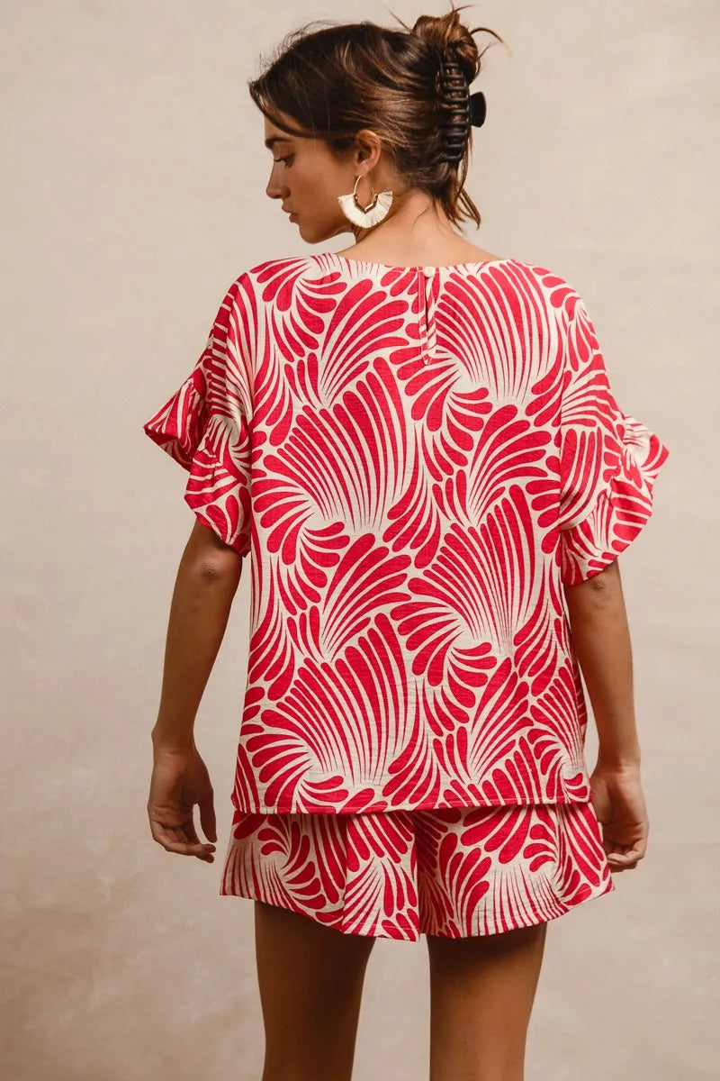 BiBi Print Woven Ruffled Sleeves Top
