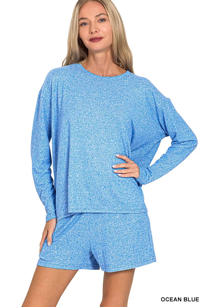 Zenana Soft Melange Long Sleeve Tee and Shorts Set