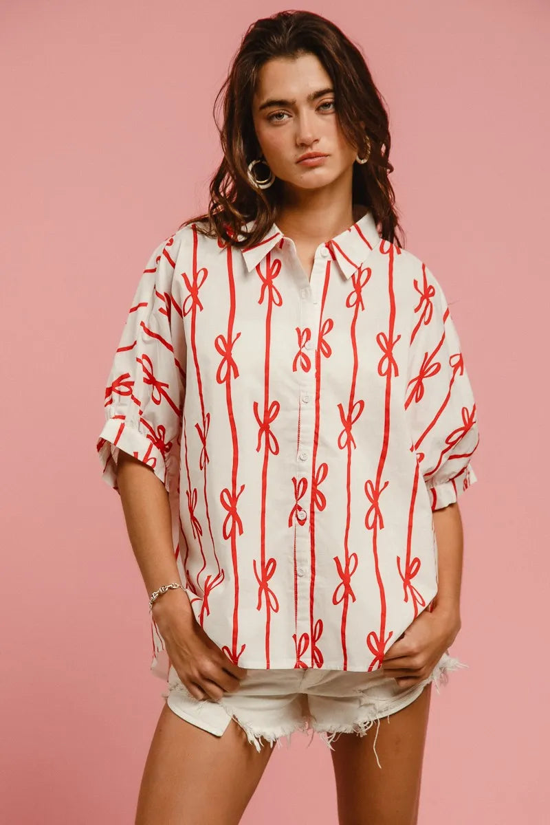 BiBi Bow Ribbon Woven Printed Button Down Shirt