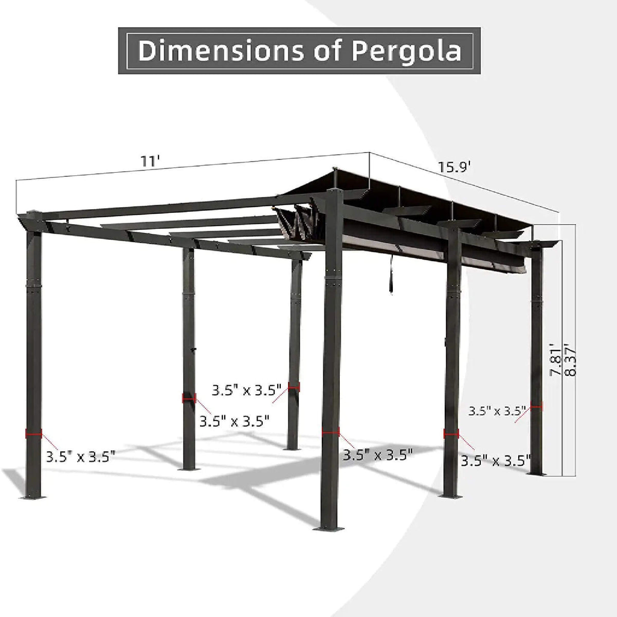 [11X16Ft] Outdoor Retractable Backyard Aluminum Metal Pergola Wit