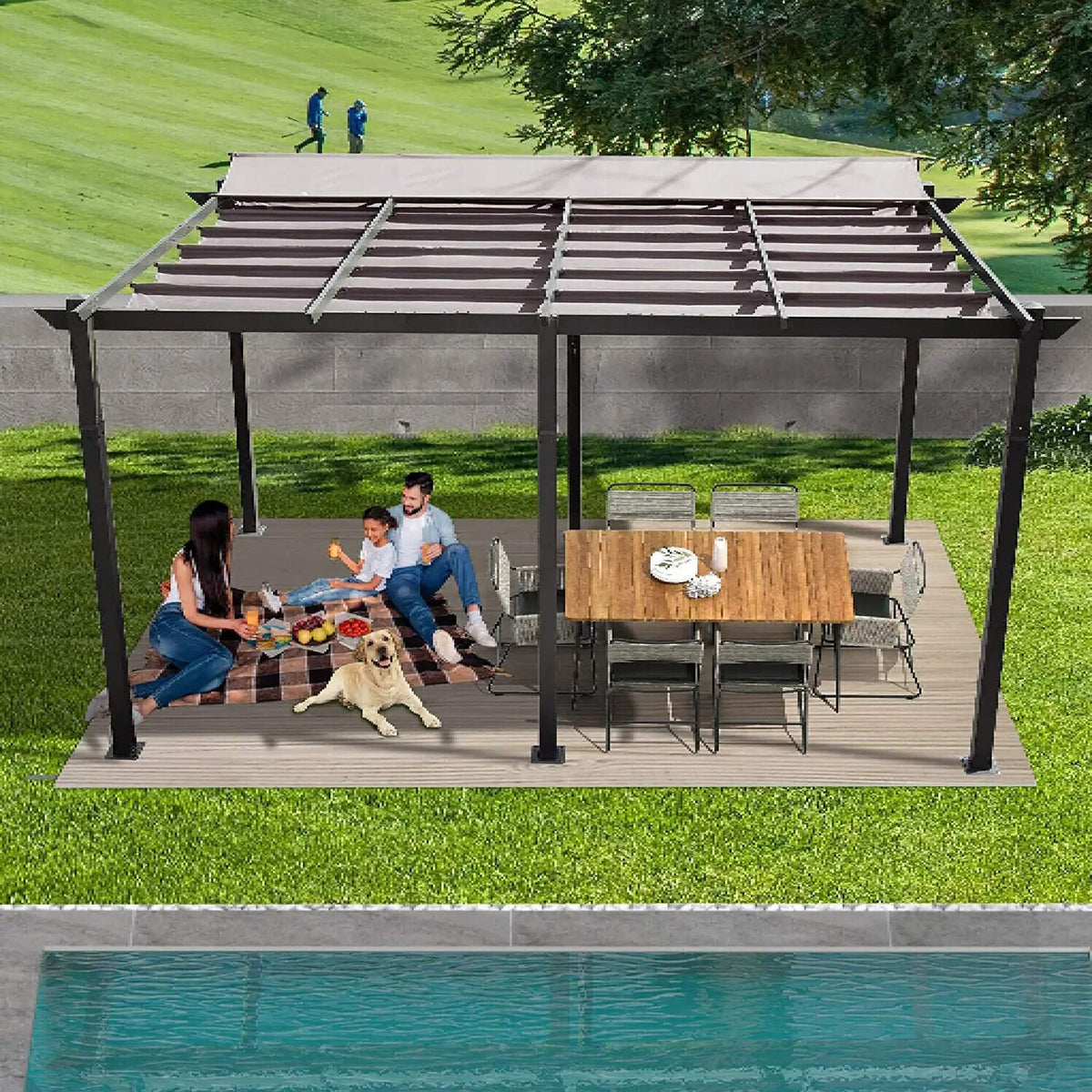 [11X16Ft] Outdoor Retractable Backyard Aluminum Metal Pergola Wit