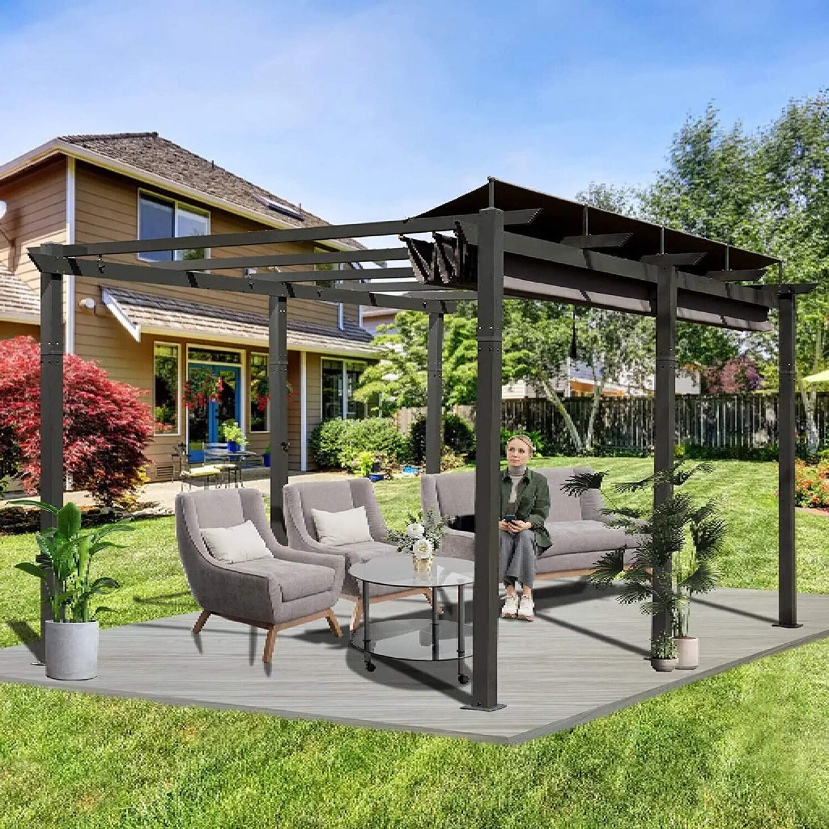 [11X16Ft] Outdoor Retractable Backyard Aluminum Metal Pergola Wit