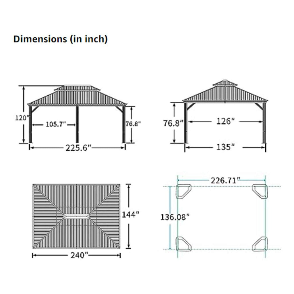 [12X20Ft] Heavy-Duty Outdoor Backyard Hardtop Gazebo With Netting