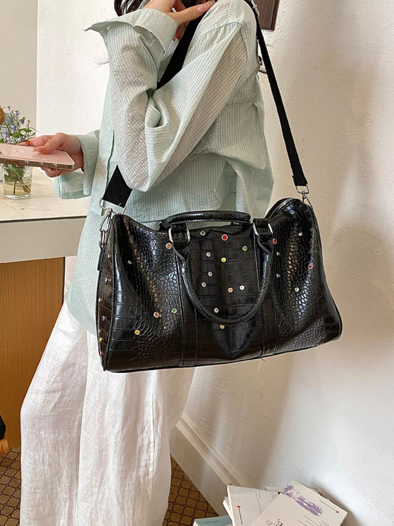 Crocodile Embossed Studded Travel Bag