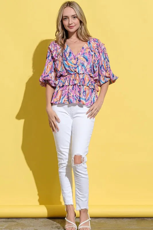 And The Why Printed Lantern Sleeve Blouse