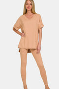 Zenana Full Size V-Neck Rolled Short Sleeve T-Shirt And Leggings