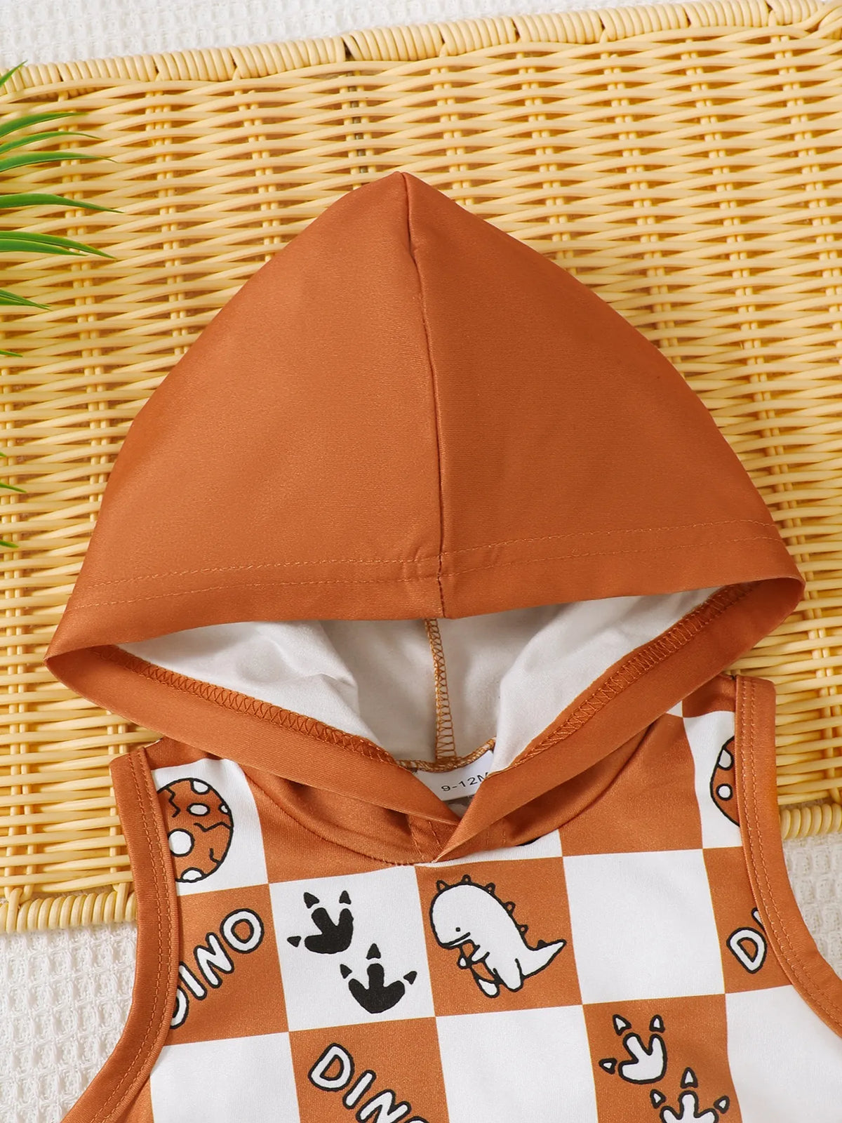 Children's Dinosaur Checkered Sleeveless Hooded Top and Shorts Set