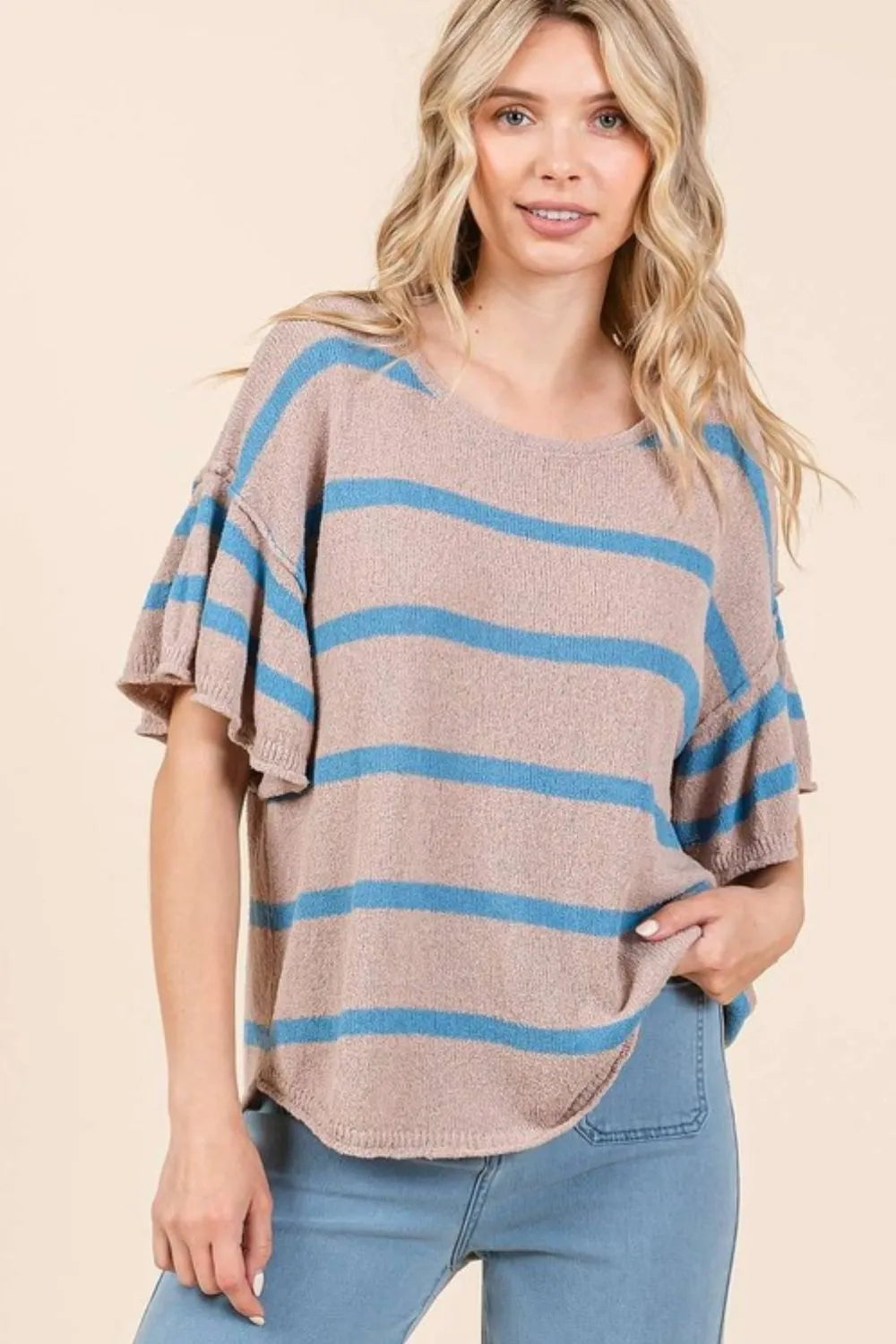 Mittoshop Striped Flounce Sleeve Knit Top