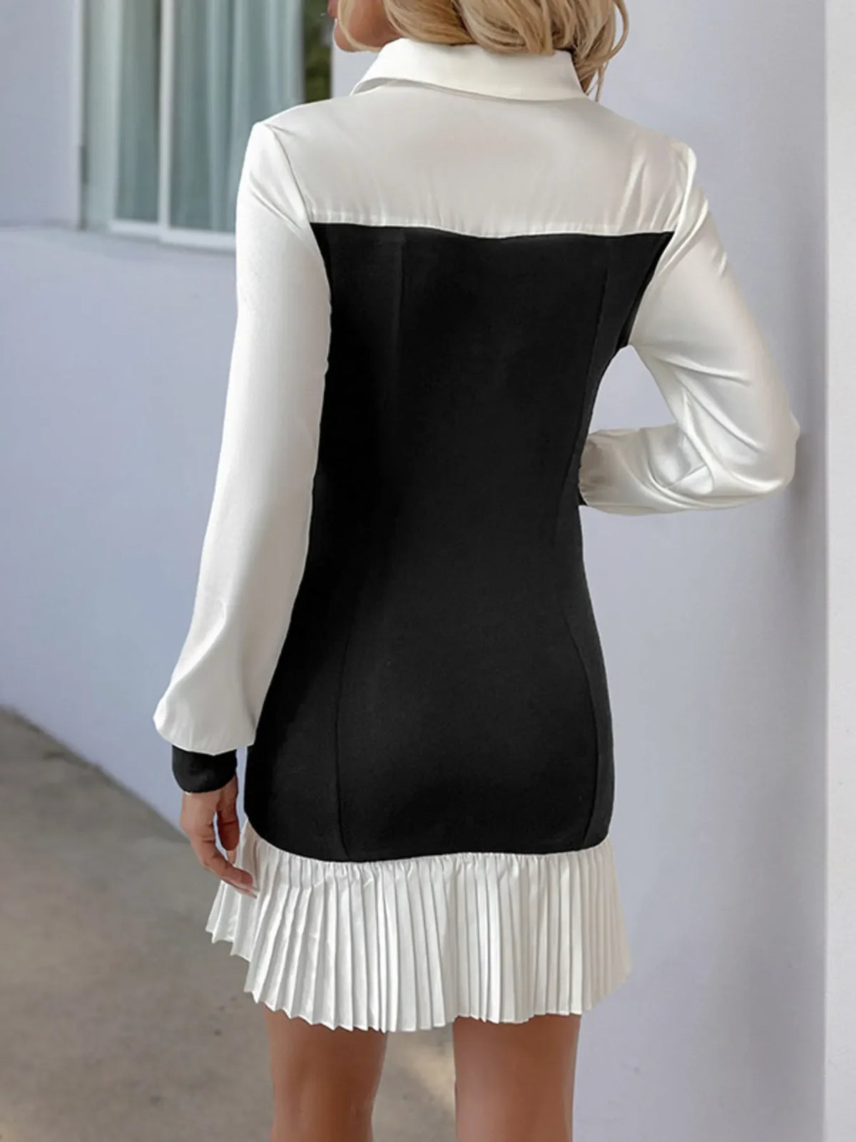 Two Tone Pleated Long Sleeve Shirt Dress