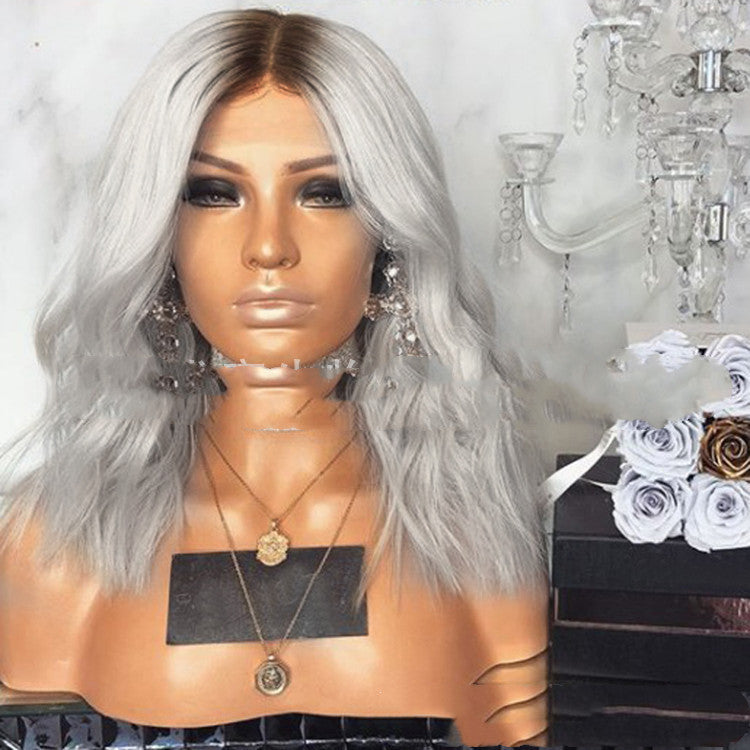 European & American Long Curly Wig Black/Gray