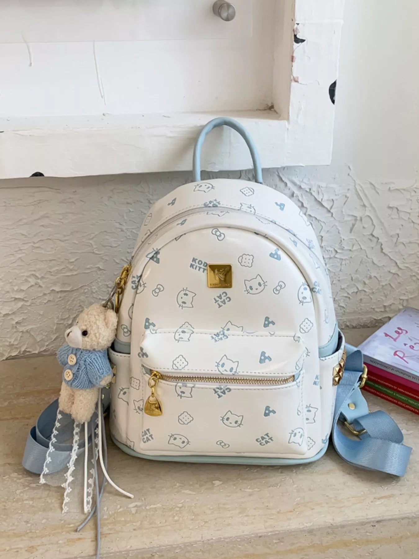 Cartoon Pattern Backpack Bag with Bear Pendant