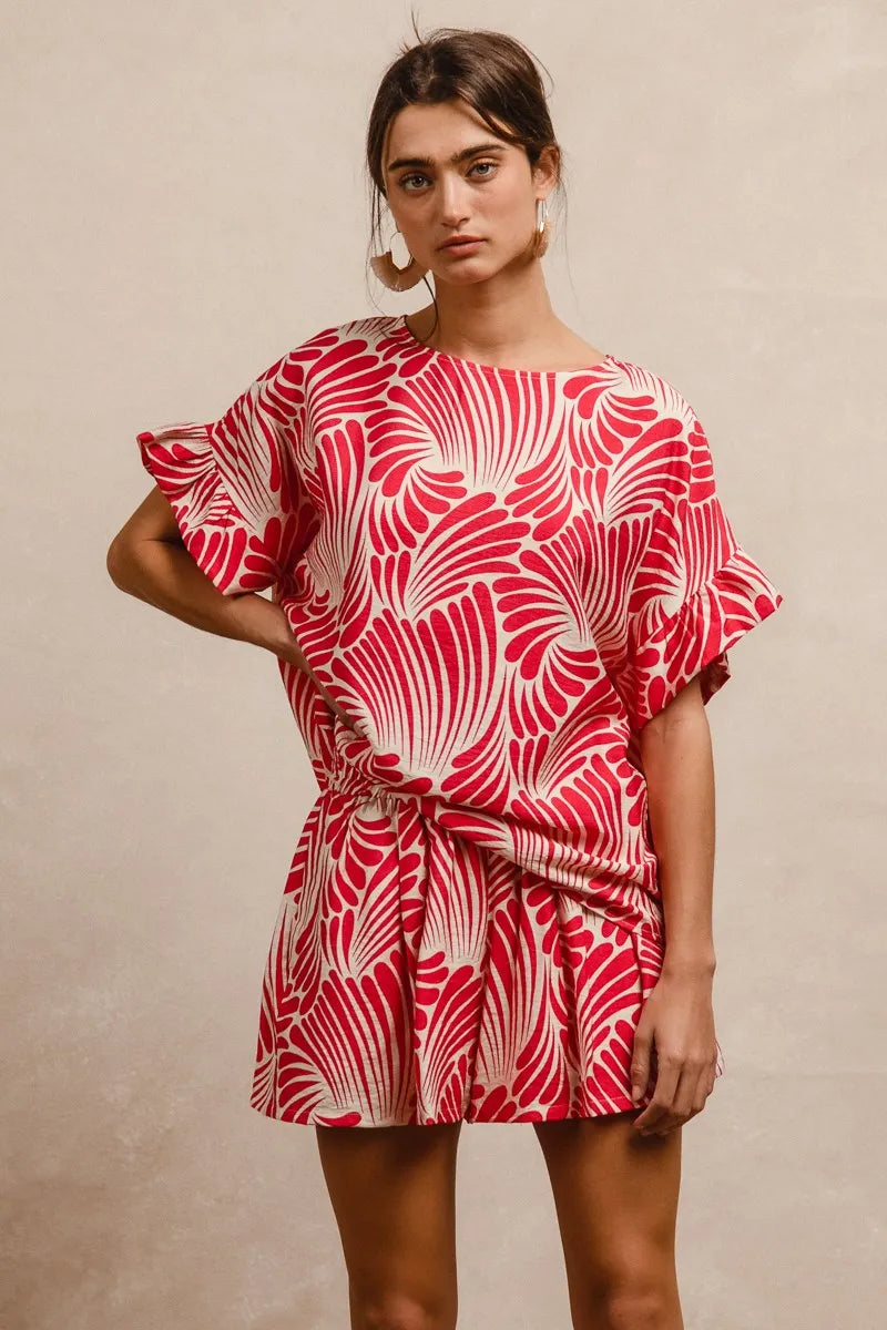 BiBi Print Woven Ruffled Sleeves Top