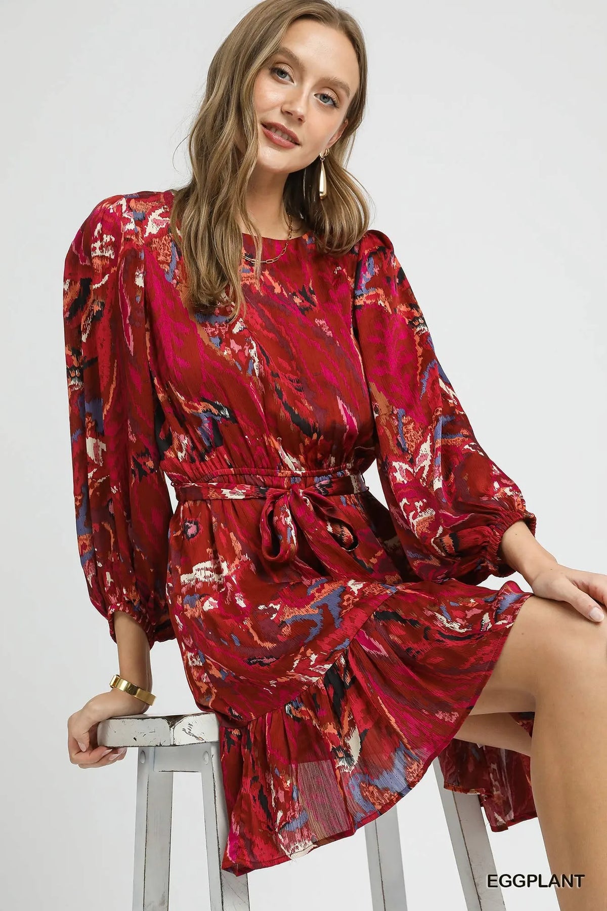 Umgee Ruffled Hem Printed Balloon Sleeve Dress