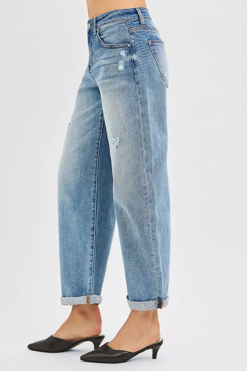 RISEN Full Size Slouchy Ankle Length Barrel Jeans with Cuffs Plus Size