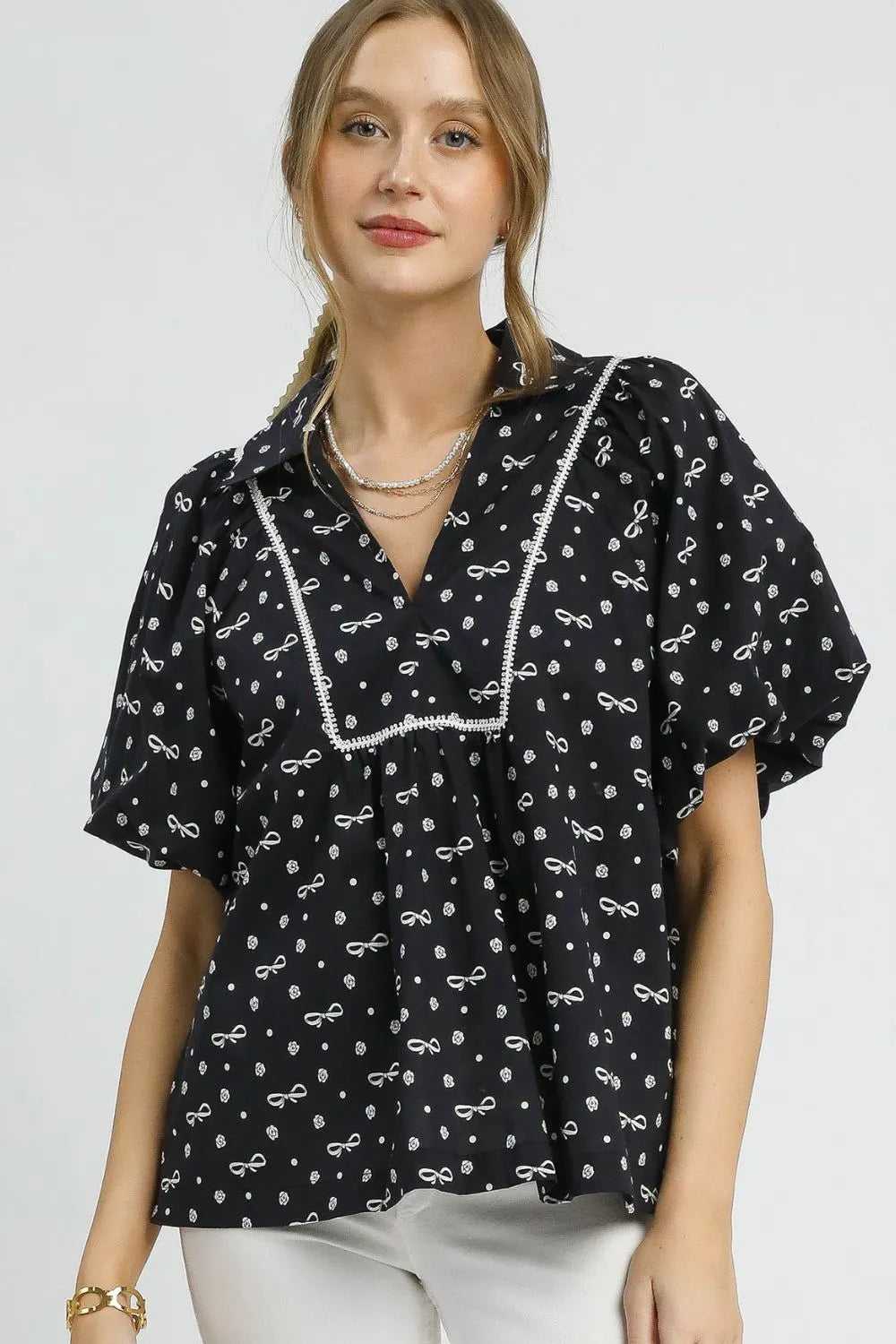 Umgee Bow Print Puff Sleeve Blouse