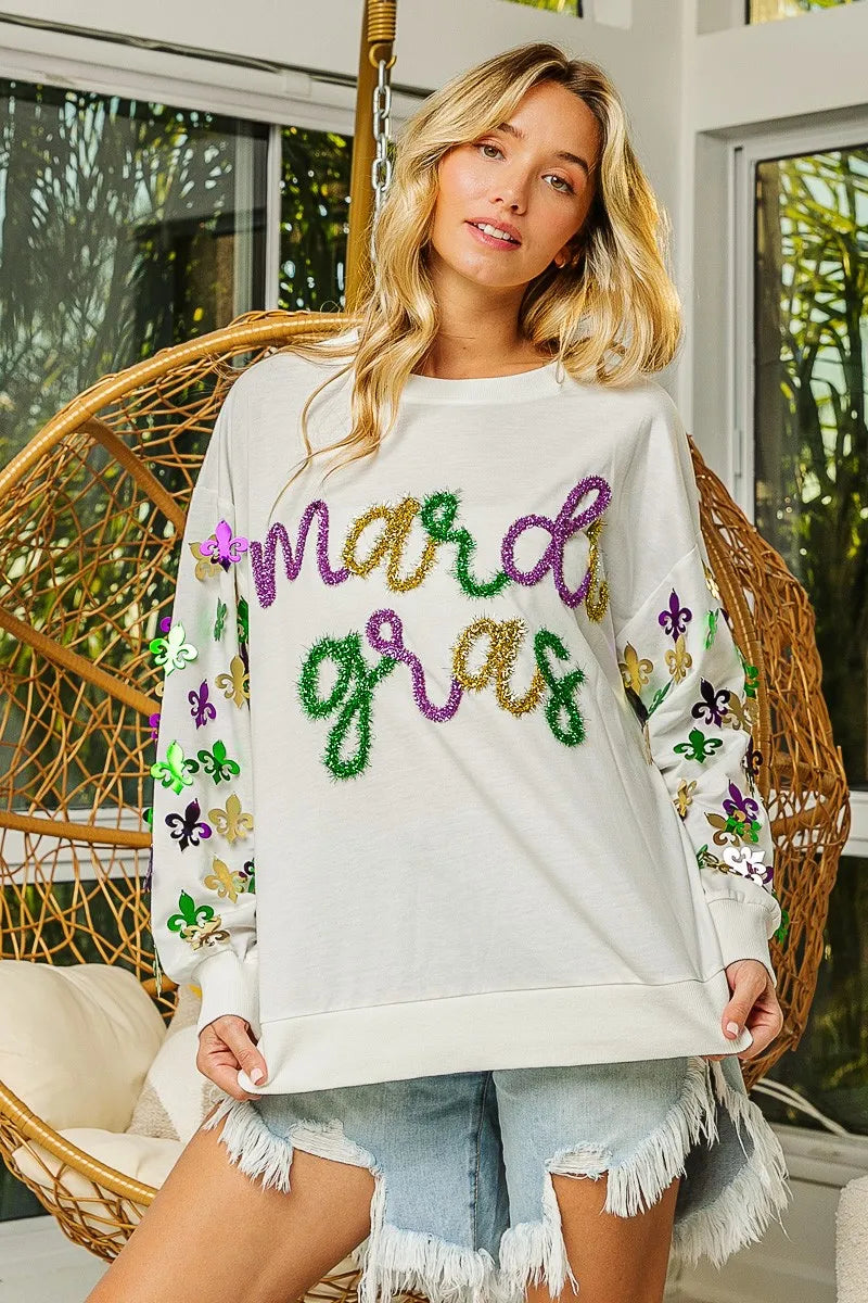 BiBi Fleur De Lis Sleeve Mardi Gras Pullover