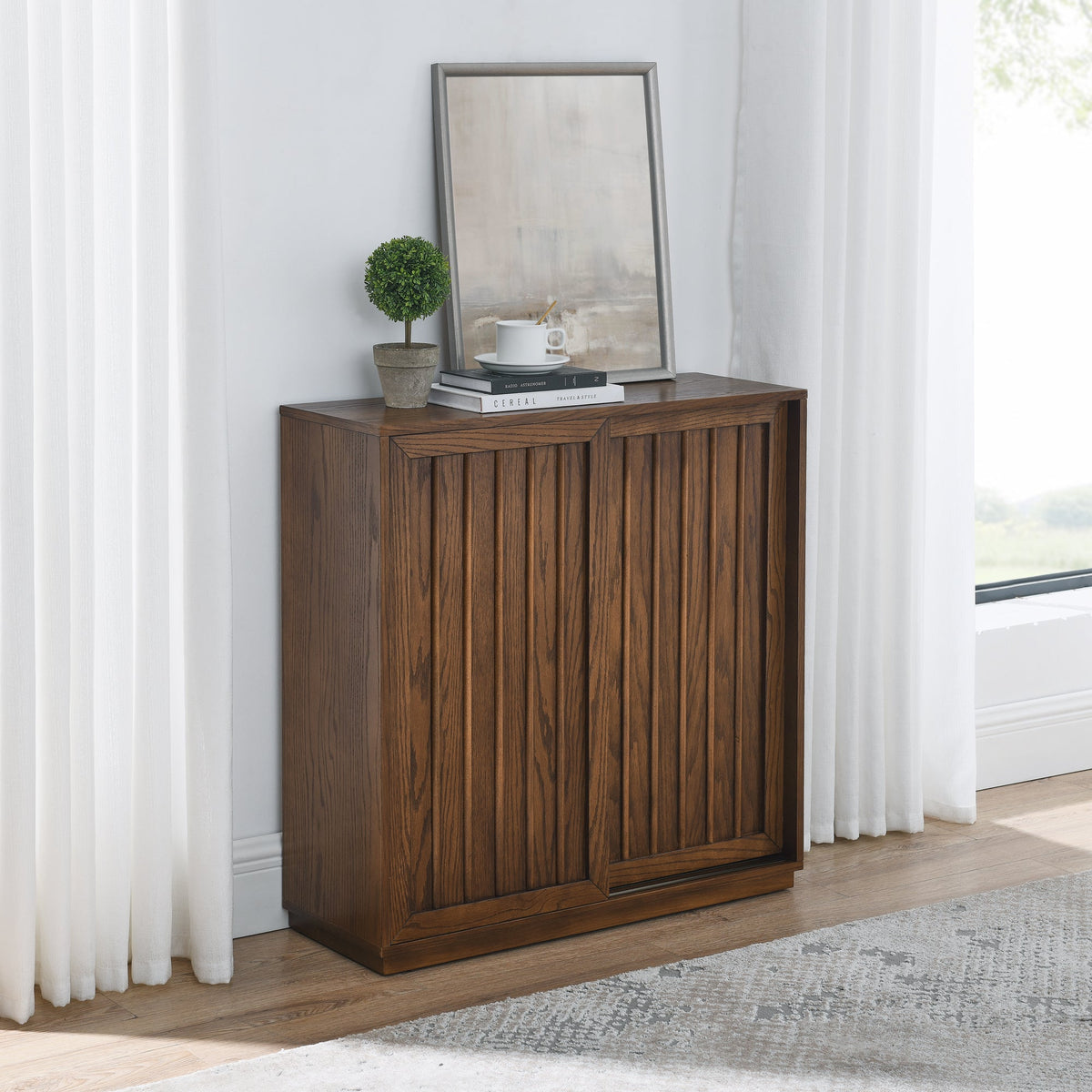 Medieval side panel with 2 sliding doors and solid wood decorative strips, storage cabinet